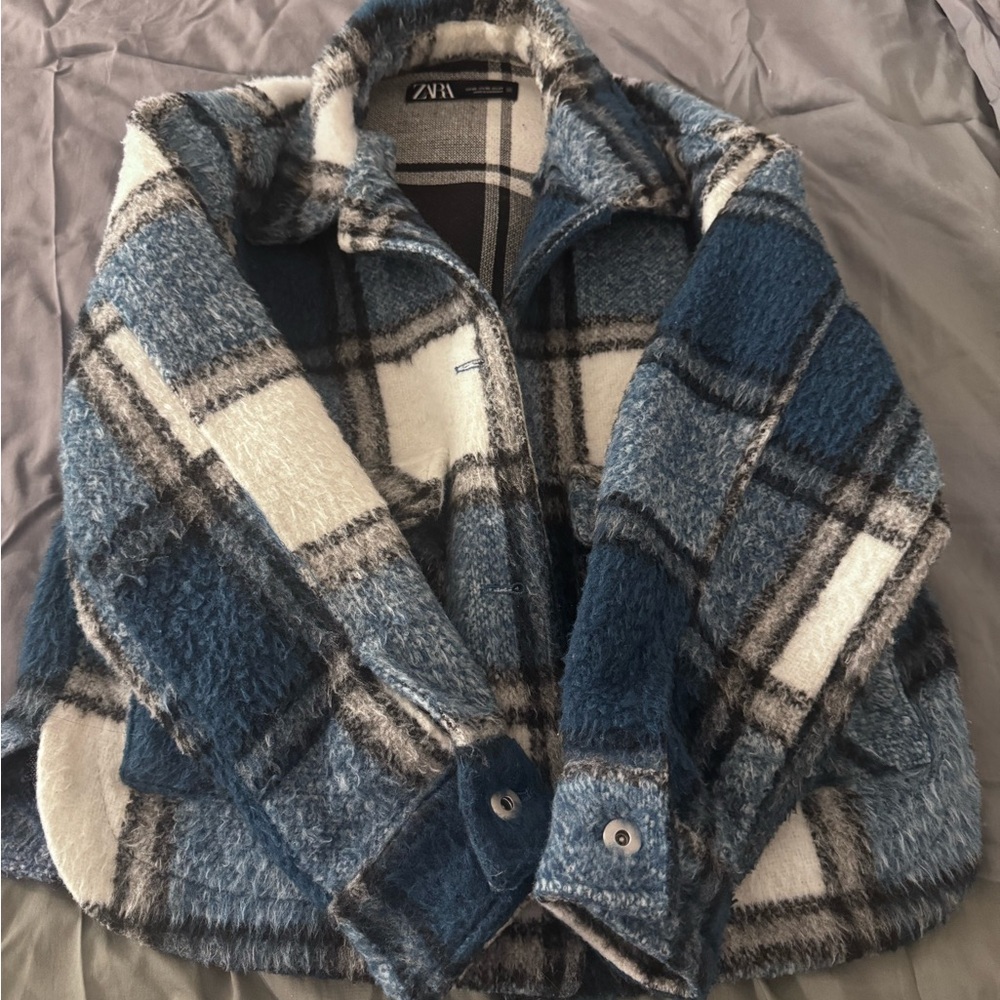 Zara Kids Blue and White Plaid Jean Jacket - Picture 8 of 11